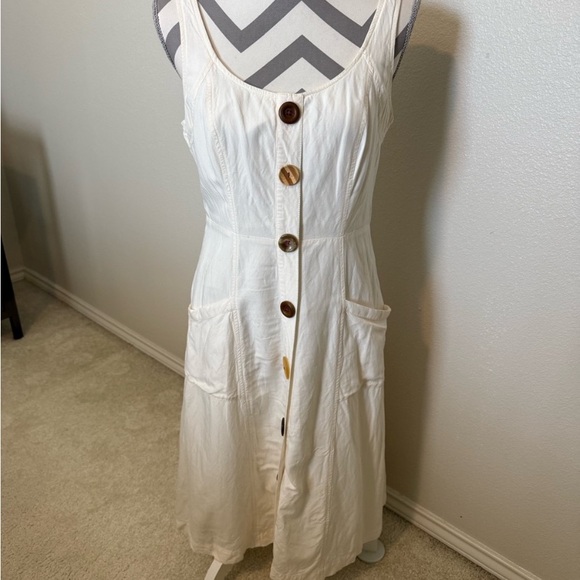 Anthropologie Antigua Linen Blend Button Up Pockets Shirt Dress White Cream 6 - Picture 3 of 7